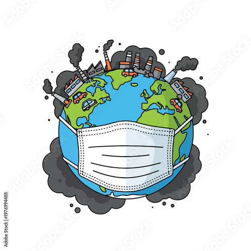 Flat 2D vector illustration of planet Earth wearing a white surgical protective face mask surrounded by industrial factories emitting smoke and black clouds on a white background.