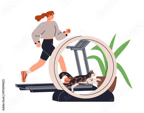 Cat and owner running on treadmill and wheel. Active woman and feline animal ...