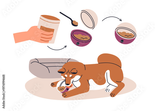 Dog playing with interactive treat ball, feeder toy with food reward. Canine animal puzzle snack. Smart puppy licking, chewing and learning. Flat vector illustration isolated on white background