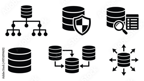 Comprehensive set of database icons representing data storage security networking distribution and analysis for use in technology diagrams software interfaces and IT infrastructure