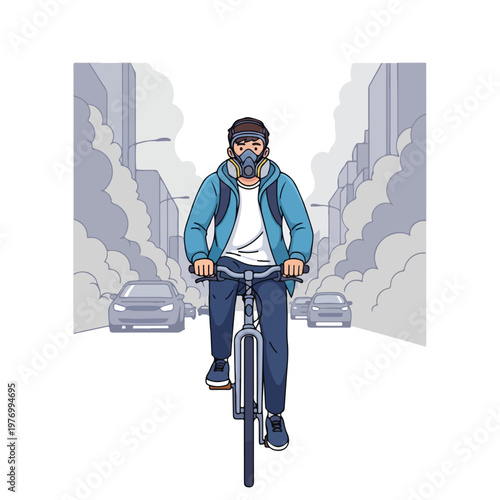 Flat 2D vector illustration of a young man wearing a respirator mask while riding a bicycle through a smog-filled city street with heavy traffic and air pollution in the background.