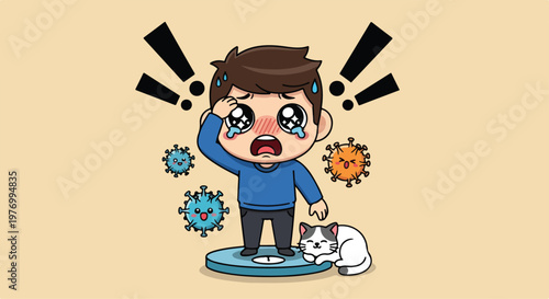 Cartoon illustration of a worried young man surrounded by virus and bacteria symbols, feeling sick and unwell