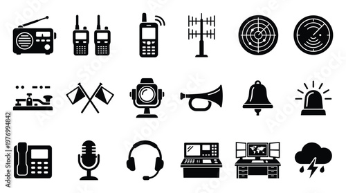 Collection of communication signal and warning technology icons including radio, radar, telephone, and security alerts for various applications