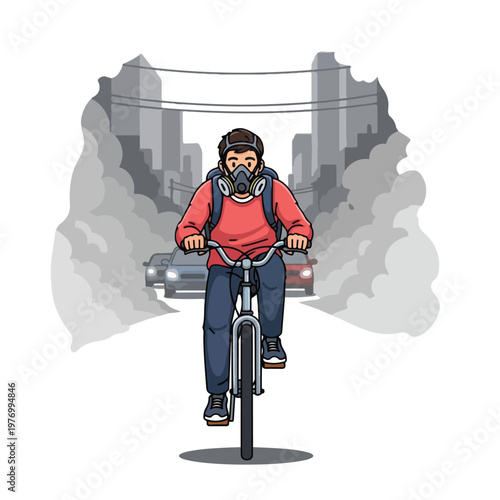 Flat 2D vector of a young man in a red sweater riding a bicycle through heavy urban air pollution and traffic while wearing a respirator gas mask against a grey city backdrop.