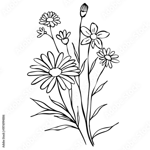 Minimalist Wildflower Bouquet Line Art – Hand Drawn Floral Outline Illustration
