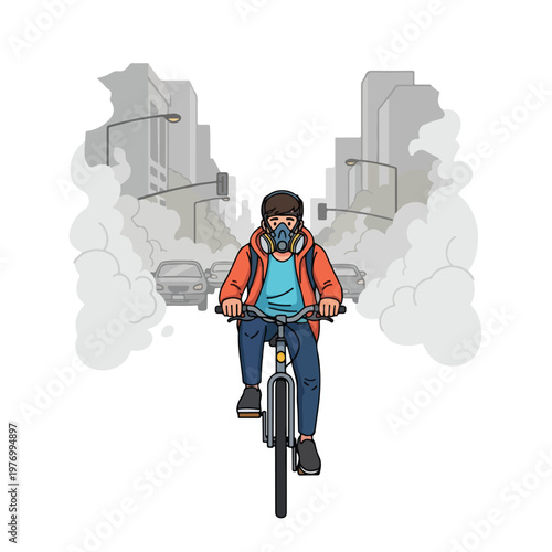 2D flat vector illustration of a young man riding a bicycle through dense grey smog while wearing a respiratory gas mask, featuring a background of city traffic and skyscrapers.