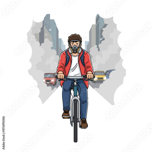 Flat vector illustration of a young man riding a bicycle on a city street while wearing a protective respirator gas mask amidst heavy air pollution, thick gray smog, and urban traffic.