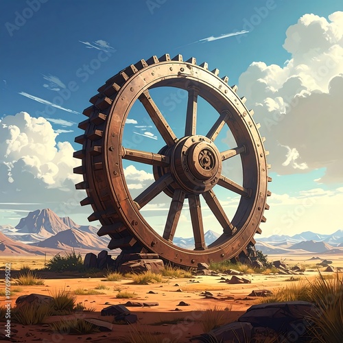 A colossal cogwheel dominates a desert landscape, under a bright blue sky with fluffy clouds. Mountains rise in the distance
