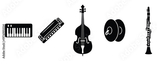 Collection of diverse musical instruments featuring a keyboard harmonica upright bass cymbals and a clarinet useful for music lessons event posters and entertainment industry branding