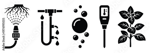 Hydroponics gardening icons set illustrating plant irrigation systems nutrient solution aeration temperature monitoring devices and plant growth for farming applications and educational