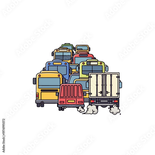 Flat 2D vector illustration of a dense traffic jam featuring various colorful buses, a delivery truck emitting exhaust fumes, and several passenger cars isolated on a white background.