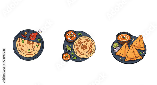 Indian Food Assortment: Naan, Paratha, Samosas, and Curry on Plates, Top View
