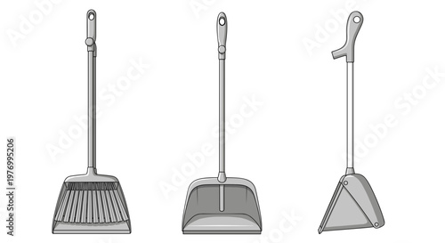 Set of three modern cleaning brushes isolated on white background for household and janitorial use