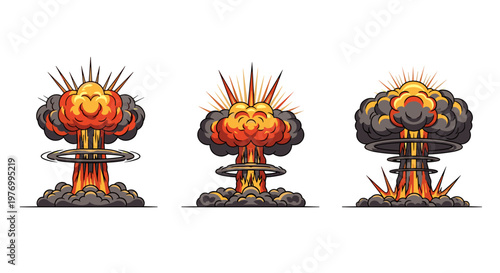 three stages of atomic explosion mushroom clouds with radioactive hazard symbols vector illustration
