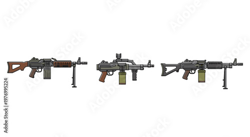 Three modern assault rifles isolated on white background for military or defense concept
