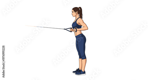 Young athletic woman performing a standing cable row exercise to strengthen her back and arms during a gym workout session.