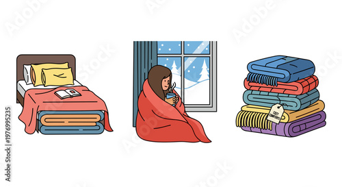 Woman relaxing on cozy bed with folded laundry and bright window view in modern bedroom