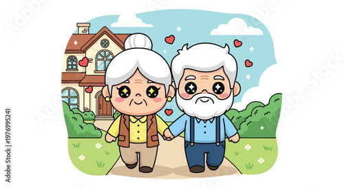 Cute elderly couple walking together in a park with a large house and trees in the background on a sunny day