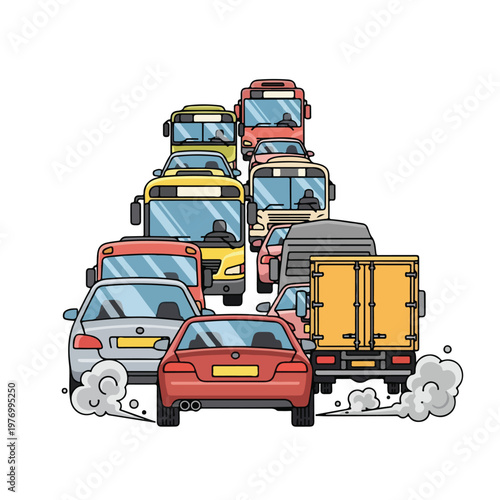 Flat 2D vector illustration of a heavy traffic congestion with a line of various vehicles such as passenger cars, public transport buses, and a delivery truck emitting exhaust smoke.