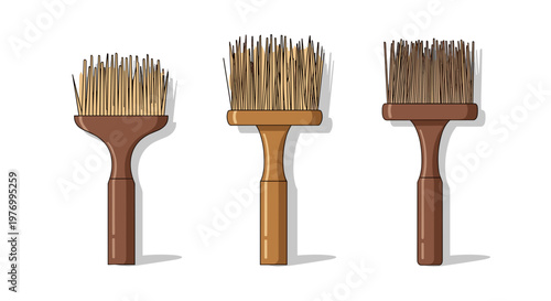 Set of three wooden hair brushes with natural bristles on minimalist white background