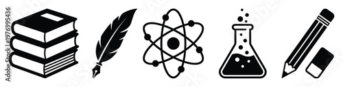 A collection of essential education and science icons depicting learning tools and scientific concepts suitable for academic resources, school materials, and educational presentations.