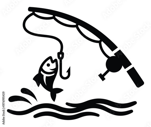 Black and white fishing rod with a happy fish caught on a hook jumping from wavy water, symbolizing successful angling and outdoor aquatic recreation for leisure activity designs