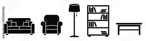 Stylish home interior elements represented by furniture silhouettes such as a contemporary sofa armchair standing lamp bookcase and coffee table suitable for graphic projects and room decor