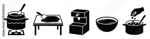 Set of essential kitchen cooking and food preparation process icons featuring heating spreading dispensing and adding ingredients perfect for recipe instructions or culinary guides