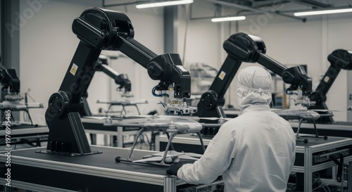 Technician in cleanroom suit monitoring drone assembly with robotic arms in factory