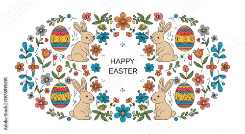 Festive Happy Easter greeting card featuring a decorative oval frame of bunnies, colorful eggs, and spring flowers on a white background.
