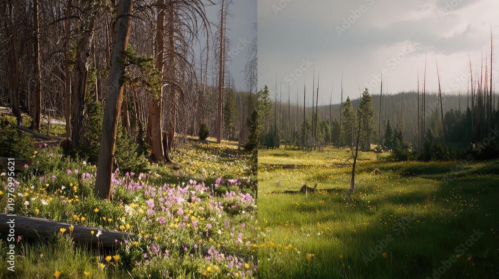 Fototapeta premium Vibrant wildflower meadow of colorful blooms and green grasses, framed by towering forest trees beneath a cloudy sky peaceful, natural landscape evoking spring renewal