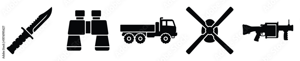 Obraz premium Military equipment and tactical gear icon set featuring a combat knife, binoculars, heavy truck, helicopter rotor, and grenade launcher silhouettes for defense and security themed