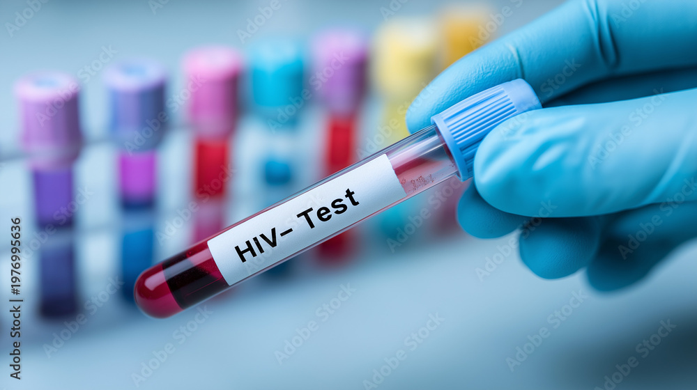 Naklejka premium Doctor Holding Blood Test Tube – HIV Testing Laboratory Analysis Concept