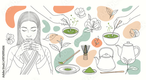 Elegant collage showcasing the traditional preparation of matcha tea with a woman drinking, a bamboo whisk, ceramic bowls, and teapots.