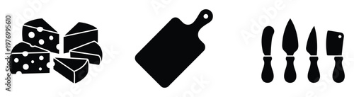 Collection of delicious dairy cheese wedges, a sturdy wooden cutting board, and specialized cheese knives, perfect for food preparation and culinary design elements
