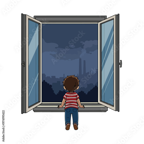 Flat 2D vector illustration of a young boy with brown hair wearing a red striped t-shirt looking out of an open window at a dark nighttime industrial cityscape with factory smoke.
