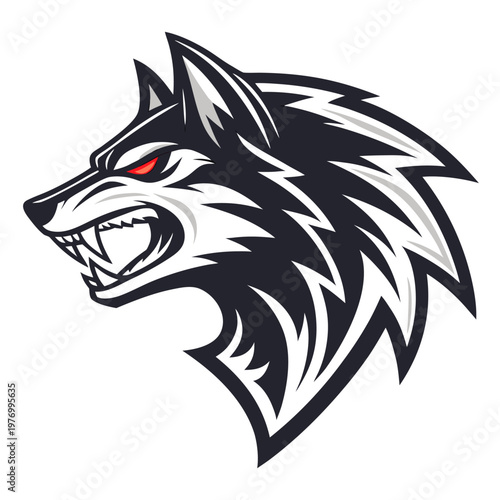 A fierce wolf head logo with red eyes and sharp teeth in a black and white shield design