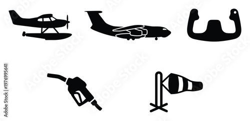 Collection of aviation silhouette icons showing a seaplane, cargo airplane, pilot control yoke, fuel pump nozzle, and airport windsock for flight education and transportation design.