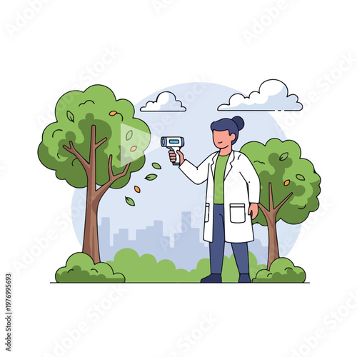 Flat 2d vector illustration of a female environmental scientist wearing a white lab coat while scanning a green tree using a handheld digital device in a city park with clouds.