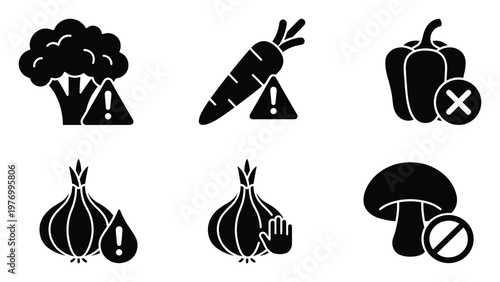 Set of diverse vegetable caution and prohibition glyph icons representing food allergies, dietary restrictions, and ingredient warnings for various culinary and health applications