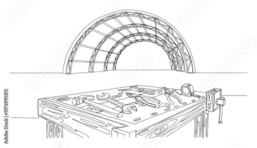 Continuous line drawing of a sturdy wooden workbench loaded with essential hand tools and a large arched metal structure in the background, perfect for industrial, construction, or