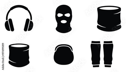 Black silhouette icons of various headwear and sports accessories including headphones, balaclava, neck gaiter, and arm warmers, perfect for winter apparel catalogs or outdoor activity