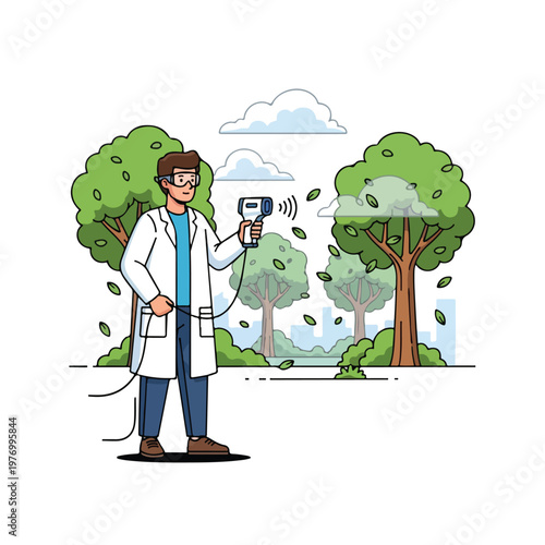 Flat 2D vector illustration of a male environmental researcher in a white lab coat using a handheld electronic device to scan trees for ecological data collection in a park setting.