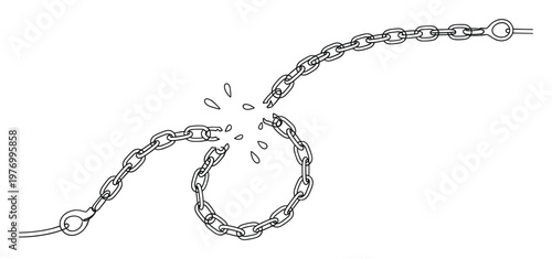 A powerful black and white line drawing of a heavy metal chain dramatically snapping into two pieces, effectively symbolizing concepts of freedom, breaking boundaries, or ending restraints