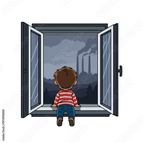 Flat 2D vector illustration of a young boy looking through an open window at a factory emitting dark smoke into a cloudy sky, representing air pollution and environmental impact.