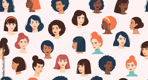 Seamless pattern showcasing portraits of diverse women with various hairstyles skin tones and features on a light pink background.