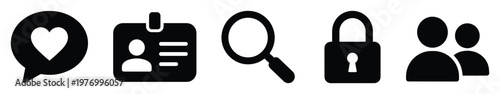 Essential black glyph icons representing social media interactions, user identification, search functionality, data security, and profile management for modern digital application