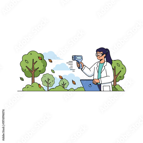 Flat vector illustration of a female environmental scientist in a white lab coat using an infrared thermometer to measure tree temperature while holding a digital tablet or laptop.