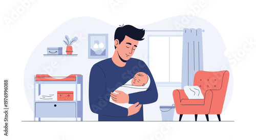 Loving father standing in a cozy nursery and gently holding his sleeping newborn baby in a heartwarming family moment.