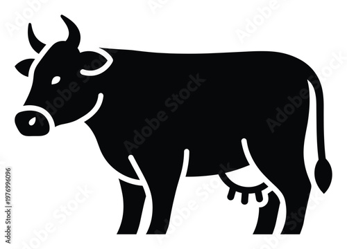 A minimalist black silhouette graphic of a dairy cow standing in profile, perfect for farm product branding, agricultural industry emblems, or food production icons.